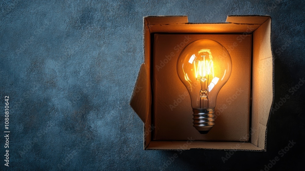Poster illuminated light bulb placed inside an open cardboard box on a textured background showcasing a cre
