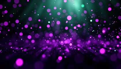 A vibrant abstract background featuring shimmering purple and teal particles against a dark backdrop, creating a sense of depth and motion.