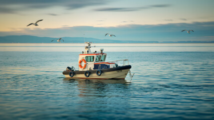 Rescue boat on tranquil waters with life buoy, prepared for action, surrounded by serene blue sea and distant horizon, with seagulls flying overhead.