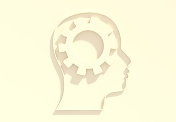 Human head with gear wheel inside. Productivity, effectiveness concept. Intelligence and knowledge development with brain performance. Gear or technical wheel as thoughts. Mental health. 3D render.