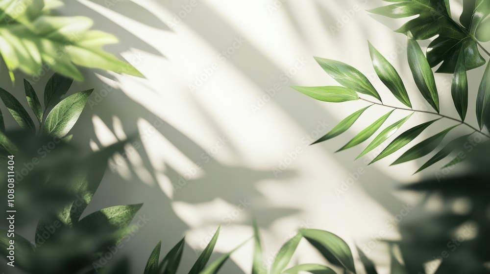Poster lush green leaves casting shadows on a soft background, creating a serene natural atmosphere and inv