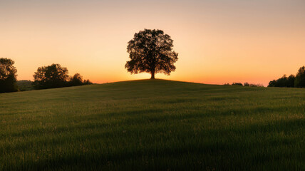 Obraz premium A majestic solitary tree stands atop a hill, silhouetted against a vibrant sunset, surrounded by lush green grass and a serene atmosphere.