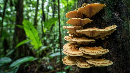 Clusters of mushrooms thrive on the bark of a tree within a dense vibrant rainforest