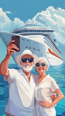 An elderly couple taking selfie photographs with their smartphone in front of the luxury cruise ship