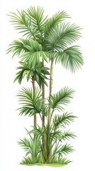 Tropical palm trees and lush foliage, white isolate background.