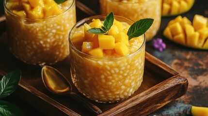 Mango sago pudding topped with fresh mango pieces served on a wooden tray A delightful and refreshing dessert for summer