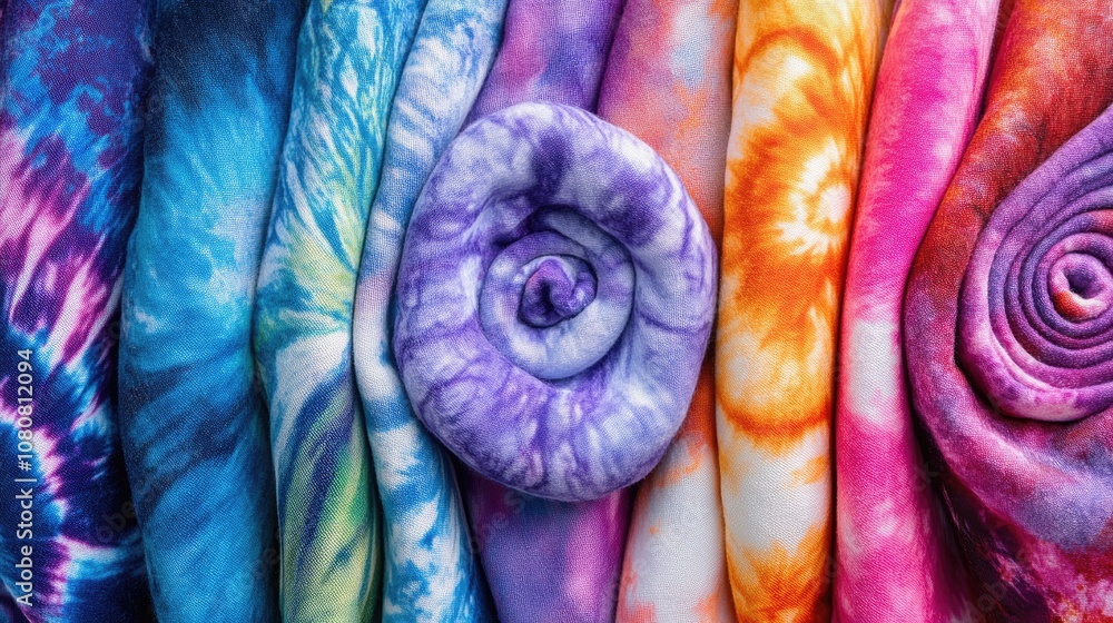Poster close up of various tie dye patterns showcasing vibrant swirls and an array of bold colors