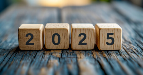 Transition from a wood block cube to 2025 to prepare for the New Year's change and launch a new concept of business goal strategy.