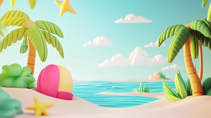 Obraz premium beach sunny day in cartoon style 3d