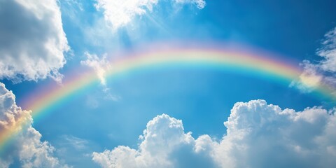 Vibrant Rainbow Arcing Across a Bright Blue Sky Surrounded by Fluffy White Clouds, Capturing Nature's Beauty and Serenity in a Stunning Landscape