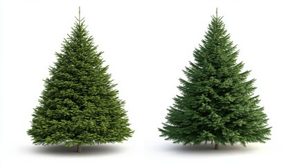 Obraz premium Realistic Green Christmas Tree Pair Displaying Full Foliage and Lush Texture on a Bright White Background for Seasonal Decoration and Holiday Festivities