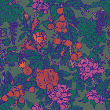 Victorian pattern wallpaper. Blooming fruit trees on a green background. Red pomegranate, cherry, grapes, summer foliage. Rich luscious illustration