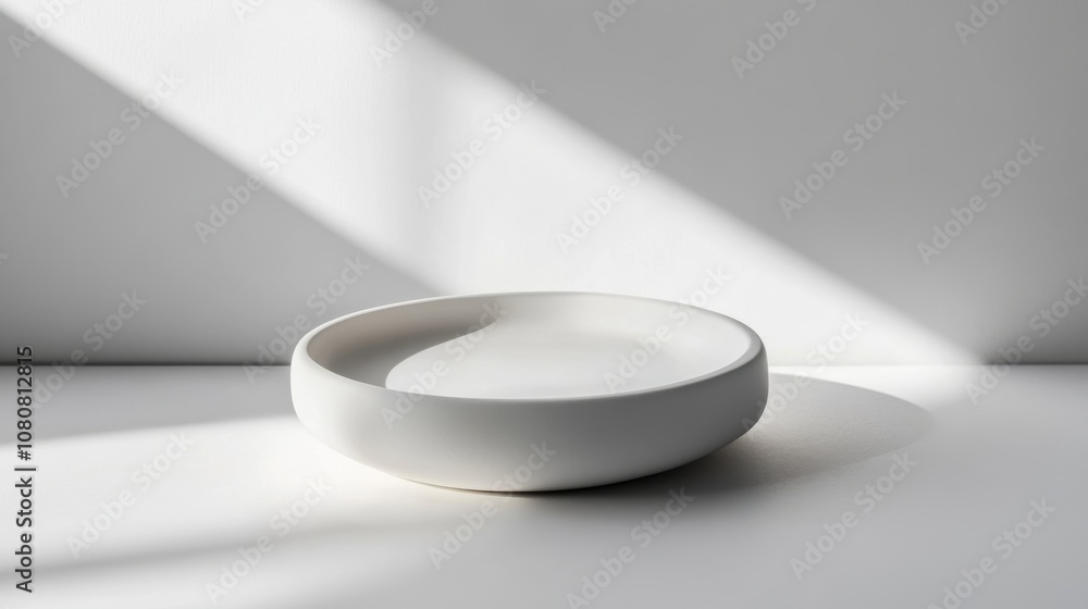 Poster minimalist white ceramic plate on a light background with soft shadows creating an elegant compositi