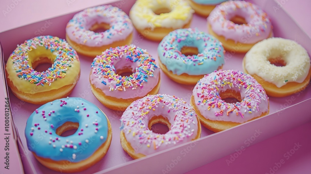 Poster assorted colorful donuts topped with sprinkles and icing displayed in a box against a pink backdrop