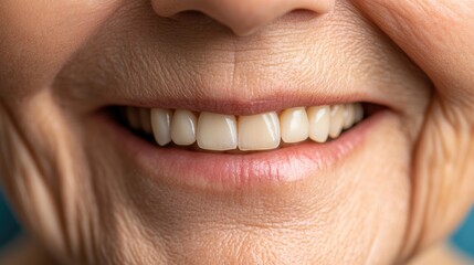 Close up of an elderly person showcasing a healthy confident smile with beautiful teeth highlights orthodontics dentures and dental implants for promotional purposes