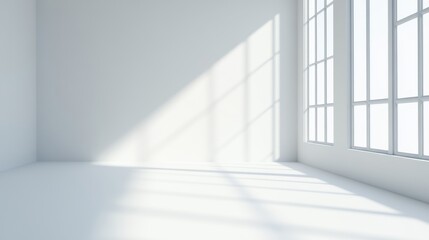 Obraz premium Bright and Spacious Minimalist Room with Large Windows Illuminating the Clean White Walls and Floor, Perfect for Creative or Relaxing Activities in Natural Light