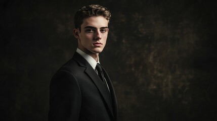 Portrait of a young businessman in a formal black suit standing alone against a dark backdrop
