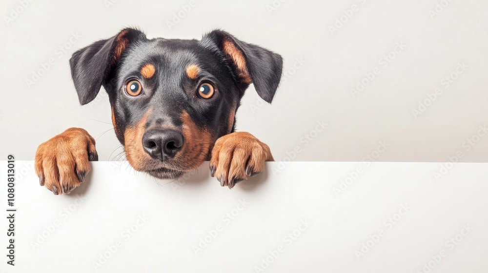 Poster adorable dog hiding behind a blank white sign creating space for custom text