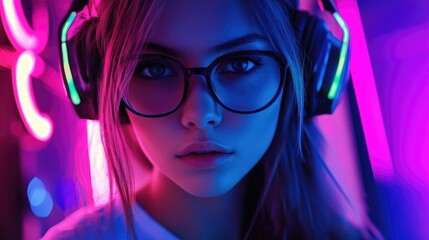 Fototapeta premium Portrait of a Stunning Young Female Gamer An Attractive Girl Wearing Glasses Surrounded by Neon Lights