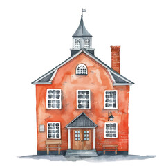 A watercolor painting of a School Building, isolated on a white background. School Building vector.