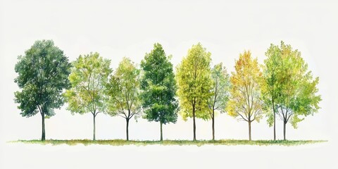 A Serene Lineup of Colorful Trees in Various Stages of Seasonal Change, Capturing Nature's Beauty with Detailed Leaves and Lush Foliage Against a Soft Background