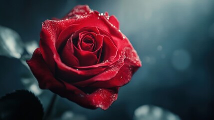 Captivating Close-Up of a Red Rose with Dew Drops, Illuminated by Soft Light, Perfect for Valentine&rsquo;s Day, Romantic Themes, or Nature Lovers&rsquo; Collections