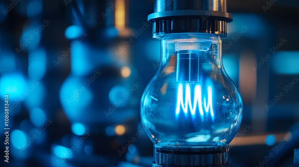 Poster close-up of light bulb emitting bright blue light in laboratory setting