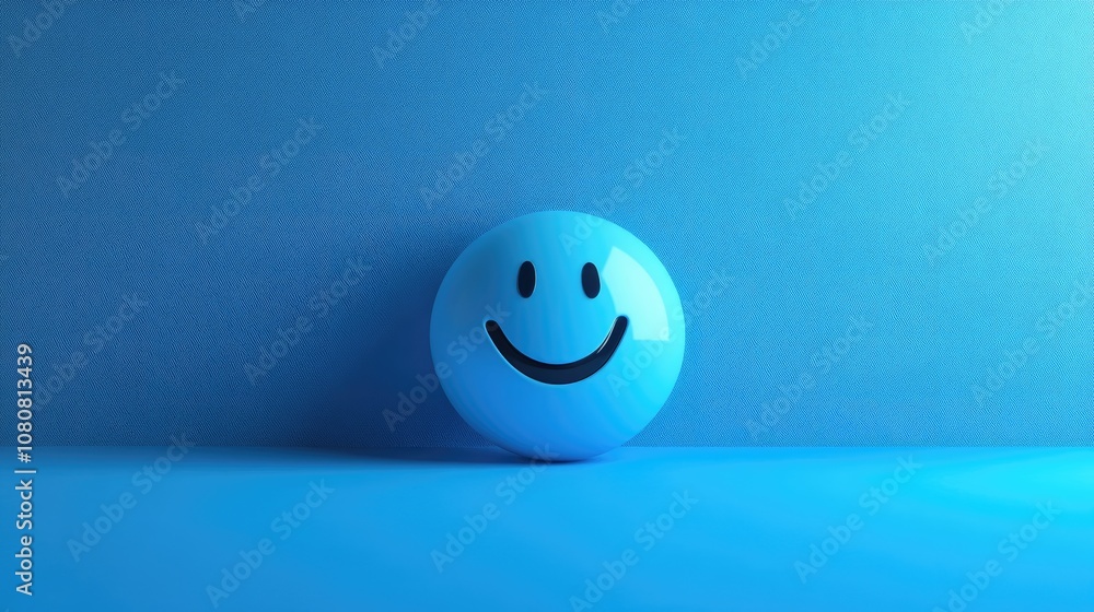 Poster melancholic blue smiley face on a matching blue backdrop with ample empty space
