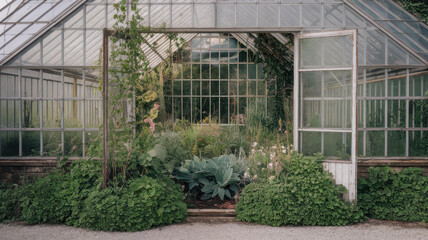 Fototapeta premium A serene view of a glass greenhouse filled with lush greenery and vibrant plants, inviting a sense of tranquility and connection to nature.