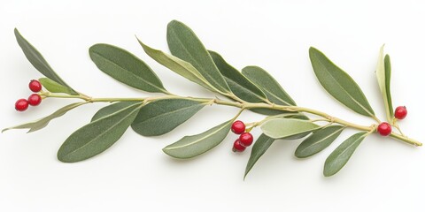 Naklejka premium Fresh Olive Branch with Glossy Green Leaves and Bright Red Berries Perfect for Decorating, Culinary Use, or Artistic Arrangements in Various Settings