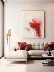 Modern Living Room Interior with Red Abstract Painting and White Sofa