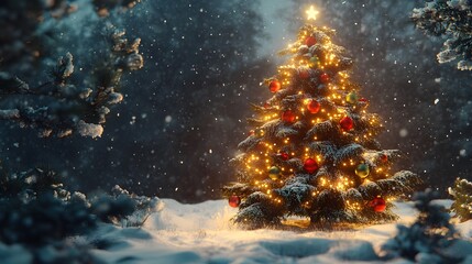 Fototapeta premium Enchanting Winter Scene of a Snow-Covered Christmas Tree Adorned with Colorful Ornaments and Sparkling Lights Against a Magical Snowy Landscape