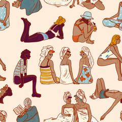 Seamless pattern illustration - people sunbathing on the beach. Women of different ethnic races and countries relax by the sea, pool. Family women's holiday. Resort wallpaper, tourism white background