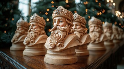 Fototapeta premium Row of intricately carved wooden santa claus figures with holiday tree background