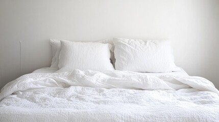 Cozy and Inviting Minimalist Bedroom with Soft White Bedding and Cushions on a Simple Bed Against a Clean White Wall for a Serene Relaxing Atmosphere