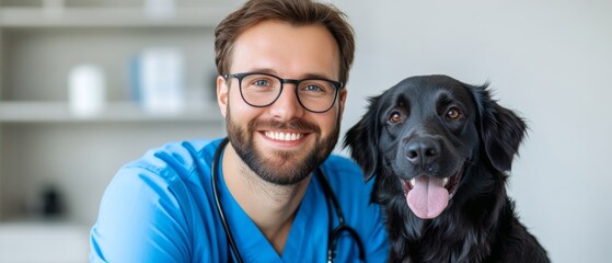 Vet smiling alongside a black dog in a modern clinic during a routine check-up