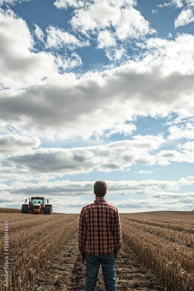Poster man in field watching tractor under cloudy sky.
