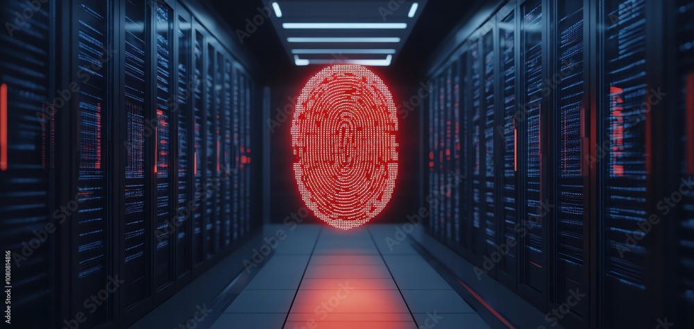 Poster futuristic data center with a glowing red portal and server racks in view.