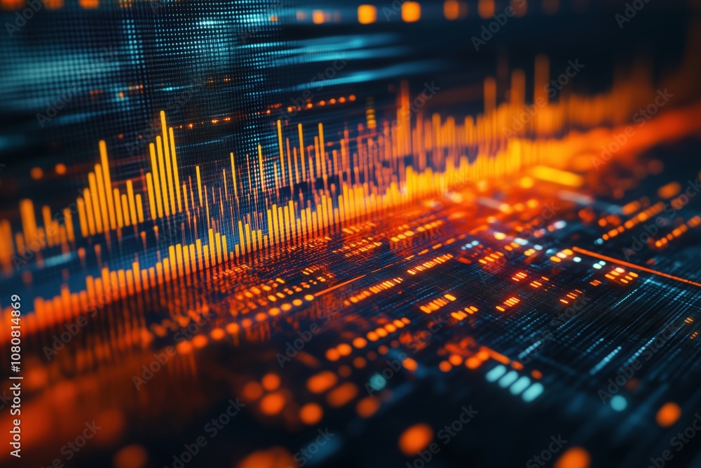 Poster digital data visualization with vibrant colors and patterns, showcasing dynamic graphs and signals i