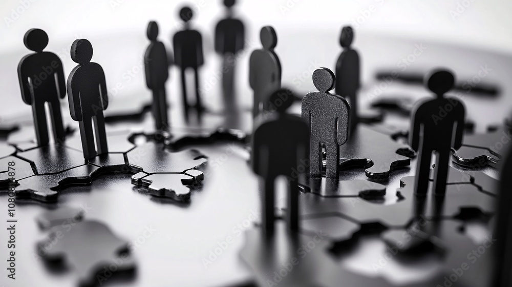 Poster black figurines standing on a world map puzzle representing global business
