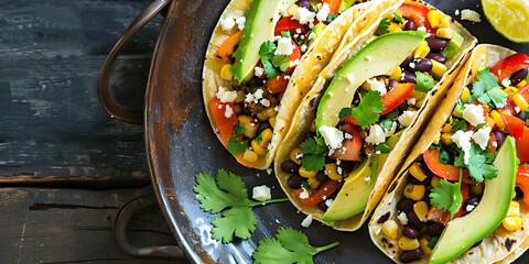 Hearty grilled veggie tacos with black beans, avocado, and queso fresco for a fresh and flavorful taste