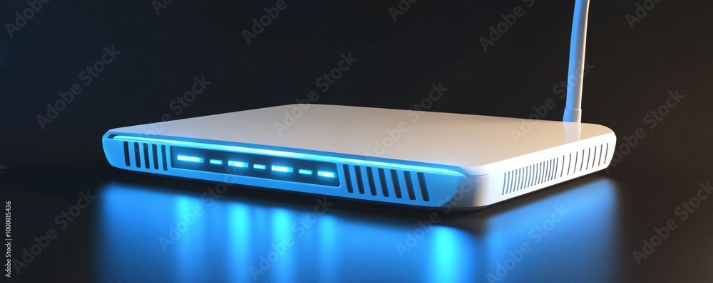 Poster white wi-fi router glowing on dark background
