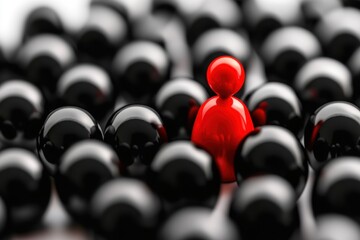 Fototapeta premium A red figure stands out among black balls, symbolizing individuality and diversity.