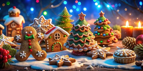 Naklejka premium Surreal Gingerbread Christmas Cookies, Holiday Food, Fantasy Treats