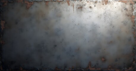 An abstract, weathered background with light gray tones and subtle rust accents, giving a foggy, distressed look with rough, oxidized edges.