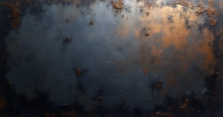 An abstract, textured background in dark blue-gray with patches of metallic bronze, evoking an industrial, weathered look with organic, oxidized textures.