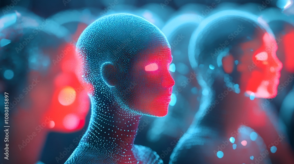 Poster crowd of digital heads observing showing red and blue lights artificial intelligence concept