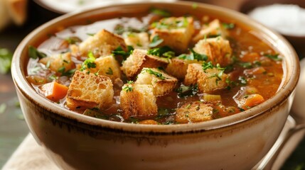 Fototapeta premium A bowl of hearty vegetable soup topped with crunchy croutons and fresh herbs serves as the main course.