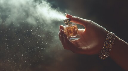Elegant woman's hand with jewelry spraying luxury perfume, creating a beautiful mist in soft lighting