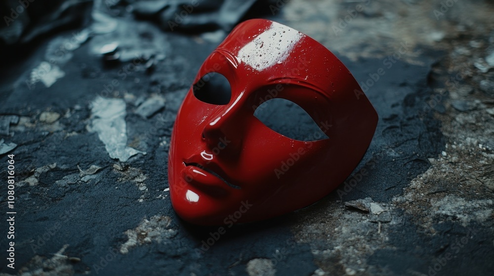 Poster striking red mask resting on textured surface with drops of water, evoking mystery and intrigue in a